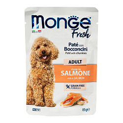 Влажный корм Monge Dog Fresh для взрослых собак, паштет с кусочками лосося, паучи 85 г