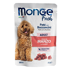 Влажный корм Monge Dog Fresh для взрослых собак, паштет с кусочками говядины, паучи 85 г
