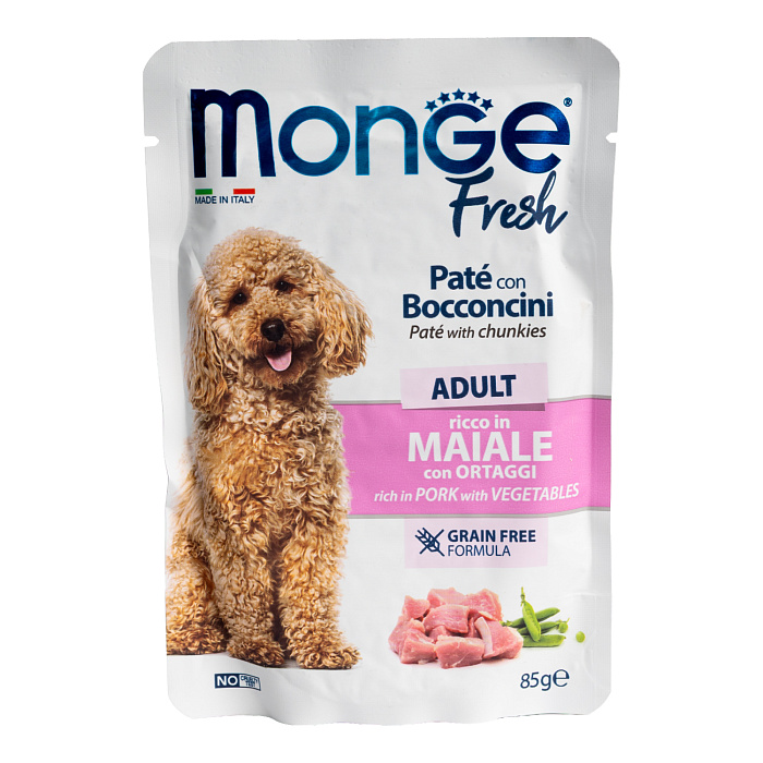 Влажный корм Monge Dog Fresh для взрослых собак, паштет с кусочками свинины и овощами, паучи 85 г