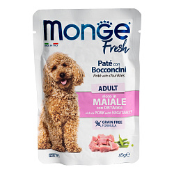 Влажный корм Monge Dog Fresh для взрослых собак, паштет с кусочками свинины и овощами, паучи 85 г