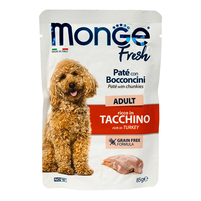 Влажный корм Monge Dog Fresh для взрослых собак, паштет с кусочками индейки, паучи 85 г