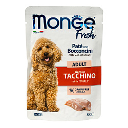 Влажный корм Monge Dog Fresh для взрослых собак, паштет с кусочками индейки, паучи 85 г