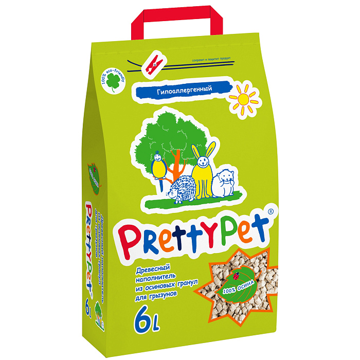 Наполнитель PrettyCat для грызунов и птиц древесный из осиновых гранул 2 кг (6 л)