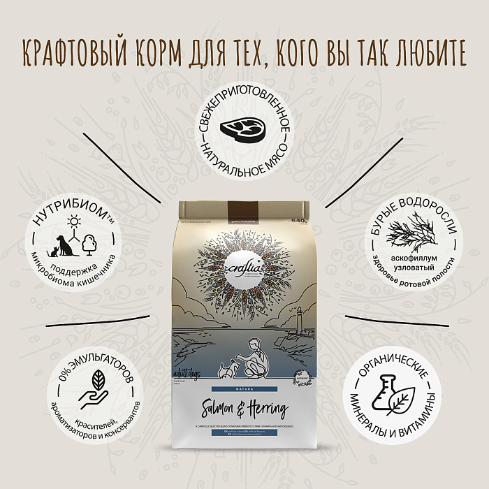 Сухой корм CRAFTIA NATURA для взрослых собак миниатюрных и мелких пород из лосося с сельдью 640 г