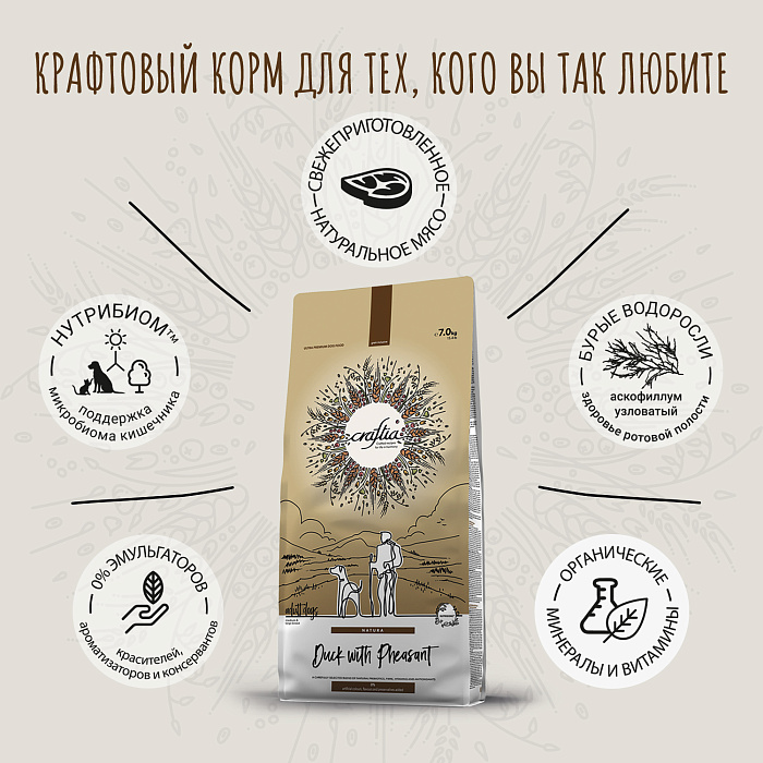 Сухой корм CRAFTIA NATURA для взрослых собак средних и крупных пород из утки с фазаном 7 кг