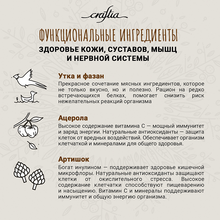 Сухой корм CRAFTIA NATURA для взрослых собак средних и крупных пород из утки с фазаном 7 кг