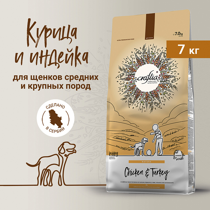 Сухой корм CRAFTIA NATURA для щенков средних и крупных пород из курицы и индейки 7 кг