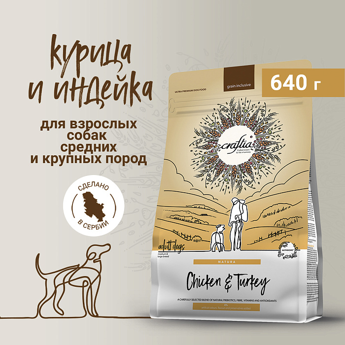 Сухой корм CRAFTIA NATURA для взрослых собак средних и крупных пород из курицы и индейки 640 г