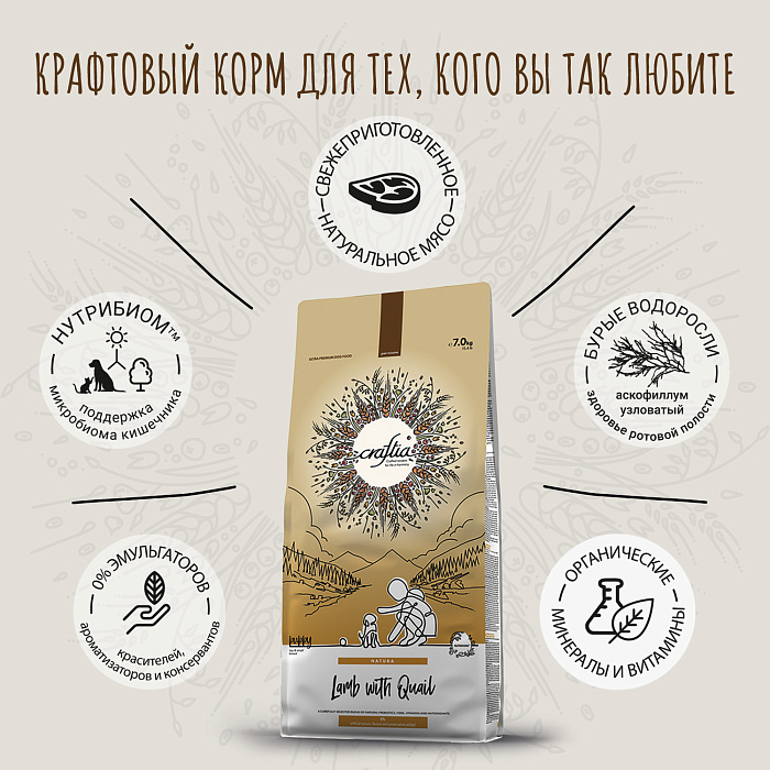 Сухой корм CRAFTIA NATURA для щенков миниатюрных и мелких пород из ягненка с перепелкой 7 кг