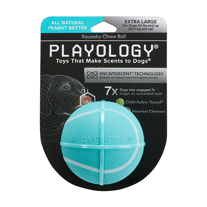 Playology жевательный мяч SQUEAKY CHEW BALL 8 см для собак средних и крупных пород с пищалкой и с ароматом арахиса, цвет голубой СКИДКА 50%