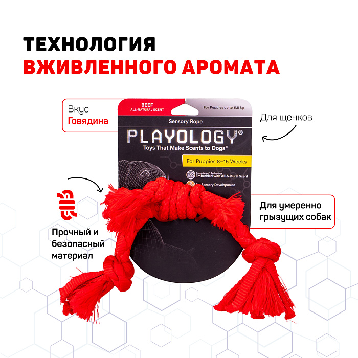 Playology сенсорный канат PUPPY SENSORY ROPE для щенков мелких и средних пород 8-16 недель с ароматом говядины, цвет красный СКИДКА 50%