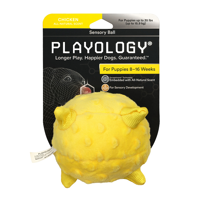 Сенсорный плюшевый мяч Playology PUPPY SENSORY BALL 11 см для щенков мелких и средних пород 8-16 недель с ароматом курицы, цвет желтый СКИДКА 50%