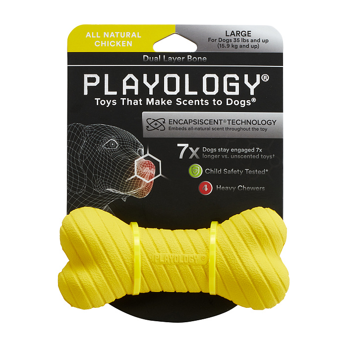 Playology двухслойная жевательная косточка DUAL LAYER BONE для собак средних и крупных пород с ароматом курицы, большая, цвет желтый СКИДКА 50%