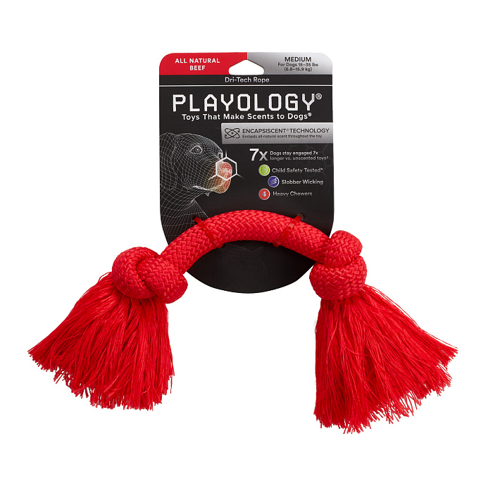 Playology жевательный канат DRI-TECH ROPE для собак средних пород с ароматом говядины, средний, цвет красный СКИДКА 50%
