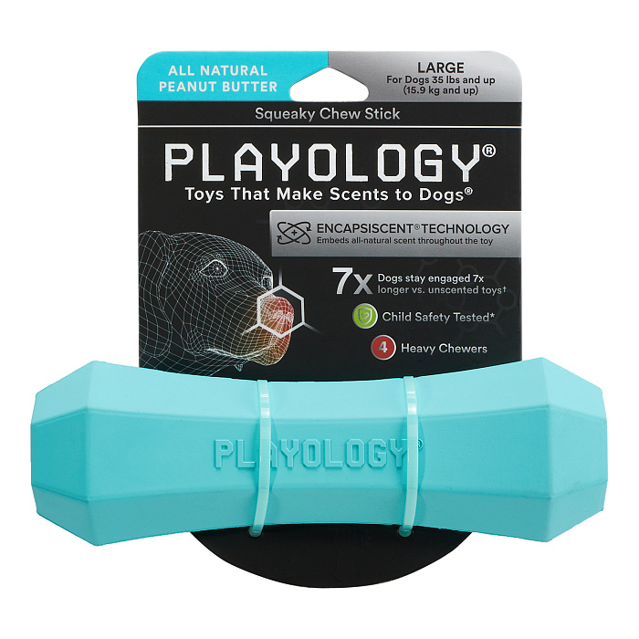 Playology  жевательная палочка SQUEAKY CHEW STICK для собак средних и крупных пород с ароматом арахиса, большая, цвет голубой СКИДКА 50%