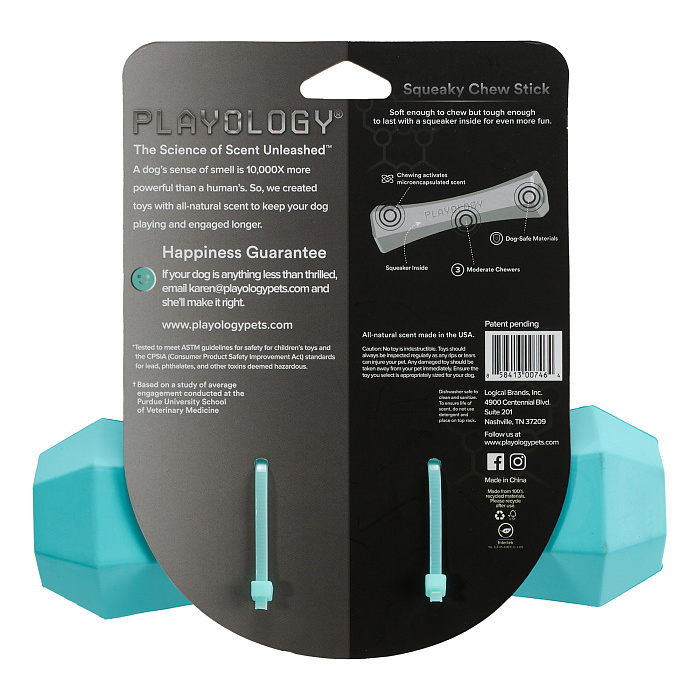 Playology  жевательная палочка SQUEAKY CHEW STICK для собак средних и крупных пород с ароматом арахиса, большая, цвет голубой СКИДКА 50%