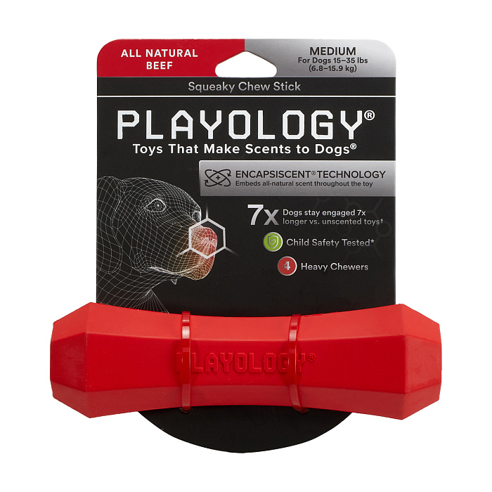 Playology  жевательная палочка SQUEAKY CHEW STICK для собак средних пород с ароматом говядины, средняя, цвет красный СКИДКА 50%