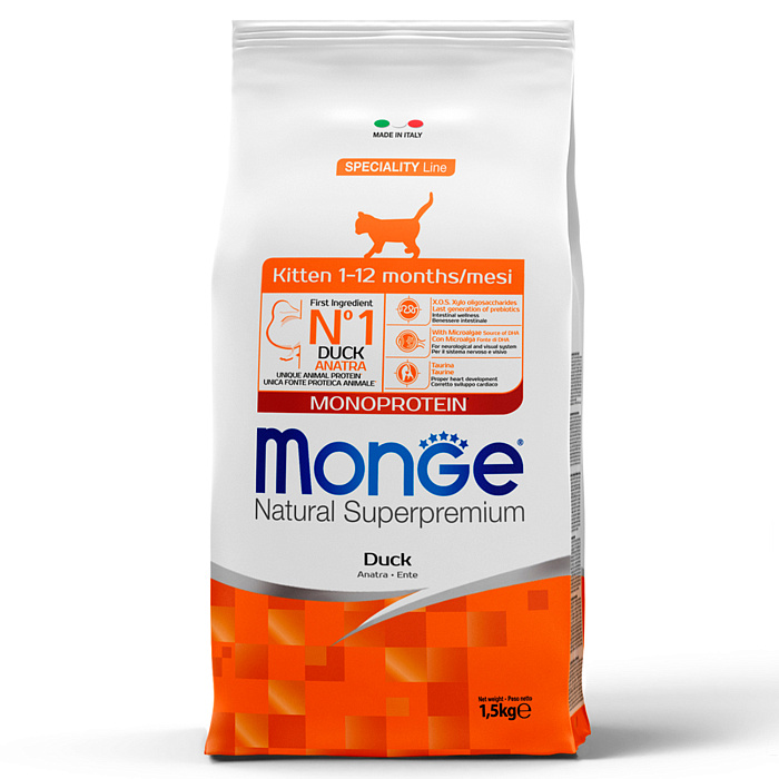 Сухой корм Monge Cat Speciality Line Monoprotein для котят и беременных кошек, из утки 1,5 кг