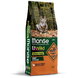 Сухой корм Monge Dog BWild GRAIN FREE для взрослых собак, беззерновой, утка с картофелем 12 кг