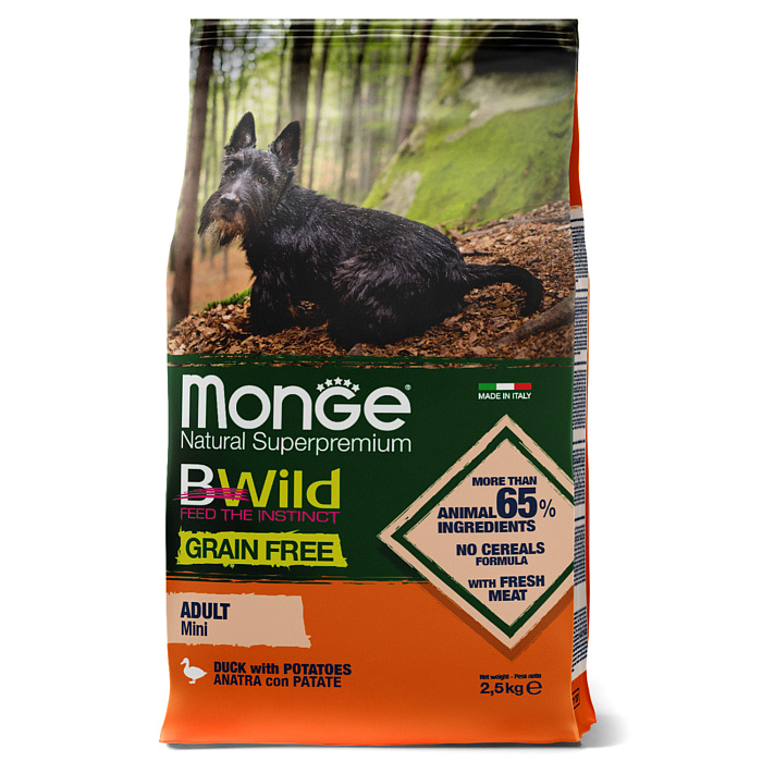 Сухой корм Monge Dog BWild GRAIN FREE Mini для взрослых собак мелких пород, беззерновой, из утки с картофелем 2,5 кг