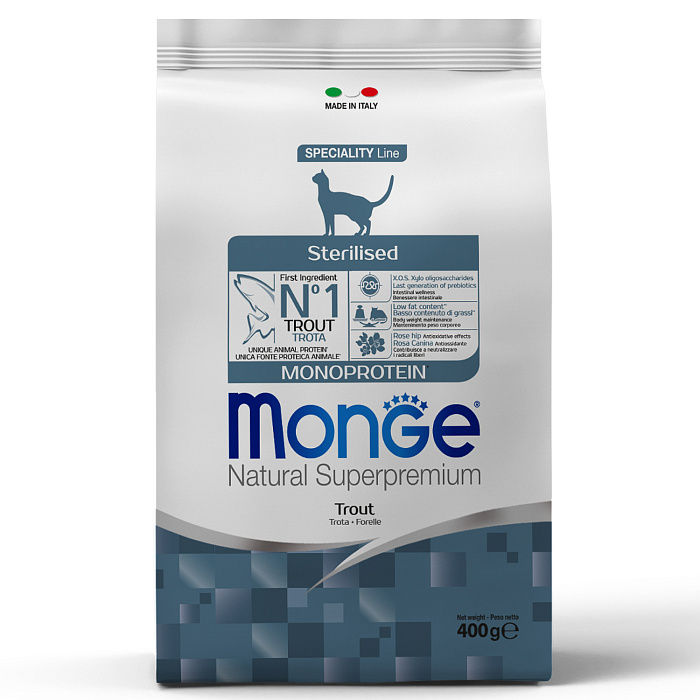 Сухой корм Monge Cat Speciality Line Monoprotein Sterilised для стерилизованных кошек, из форели 400 г