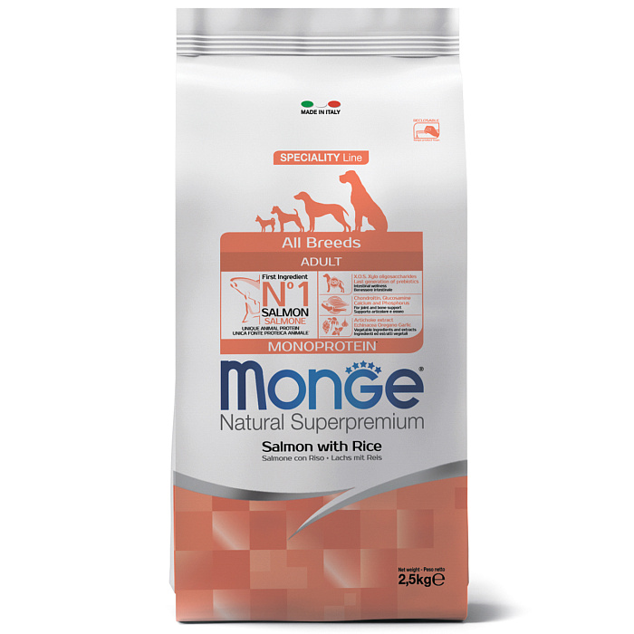 Сухой корм Monge Dog Speciality Line Monoprotein для взрослых собак всех пород, из лосося с рисом 2,5 кг