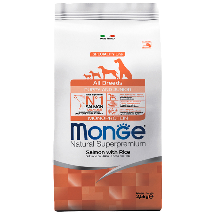 Сухой корм Monge Dog Speciality Line Monoprotein Puppy&Junior для щенков всех пород, из лосося с рисом 2,5 кг