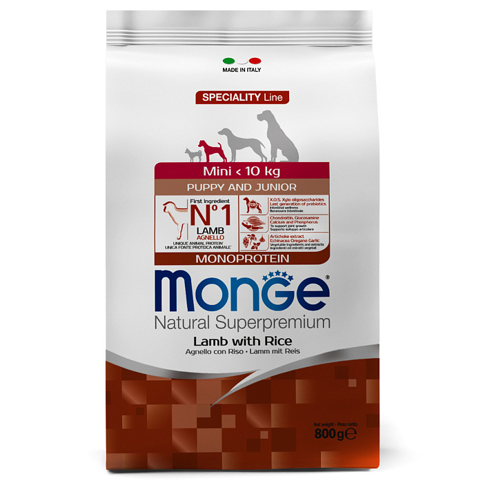 Сухой корм Monge Dog Speciality Line Monoprotein Mini для щенков мелких пород, из ягненка с рисом 800 г