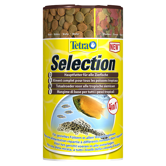 TetraSelection корм для всех видов рыб "4 вида" хлопья/чипсы/гранулы 250 мл