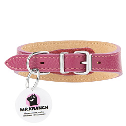 Ошейник-селедка Mr.Kranch для собак из натуральной кожи с QR-адресником, 19-23см, малиновый Ошейник-селедка Mr.Kranch для собак из натуральной кожи с QR-адресником, 19-23см, малиновый