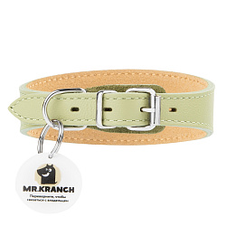 Ошейник-селедка Mr.Kranch для собак из натуральной кожи с QR-адресником, 21-25см, нежно-зеленый Ошейник-селедка Mr.Kranch для собак из натуральной кожи с QR-адресником, 21-25см, нежно-зеленый