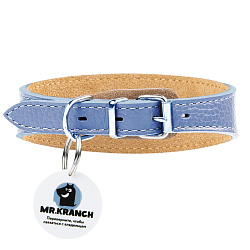 Ошейник-селедка Mr.Kranch для собак из натуральной кожи с QR-адресником, 29-35см, васильковый СКИДКА 50%