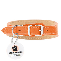 Ошейник-селедка Mr.Kranch для собак из натуральной кожи с QR-адресником, 24-30см, оранжевый СКИДКА 50%