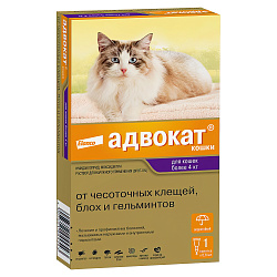 Bayer Адвокат 80 капли для кошек 4-8 кг от чесоточных клещей, блох и гельминтов (1 пипетка х 0,8 мл) Bayer Адвокат 80 капли для кошек 4-8 кг от чесоточных клещей, блох и гельминтов (1 пипетка х 0,8 мл)