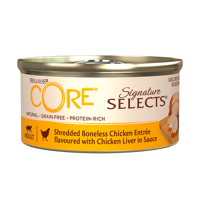 Влажный корм CORE SIGNATURE SELECTS для кошек, из курицы с куриной печенью в виде фарша в соусе, консервы 79 г