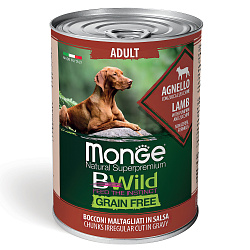 Влажный корм Monge Dog BWild GRAIN FREE для взрослых собак, беззерновой, из ягненка с тыквой и кабачками, консервы 400 г Влажный корм Monge Dog BWild GRAIN FREE для взрослых собак, беззерновой, из ягненка с тыквой и кабачками, консервы 400 г