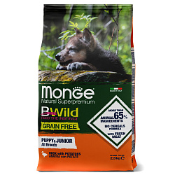 Сухой корм Monge Dog BWild GRAIN FREE Puppy & Junior для щенков, беззерновой, из мяса утки с картофелем 2,5 кг Сухой корм Monge Dog BWild GRAIN FREE Puppy & Junior для щенков, беззерновой, из мяса утки с картофелем 2,5 кг