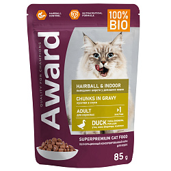 Влажный корм AWARD Hairball & Indoor для выведения шерсти у взрослых домашних кошек кусочки в соусе с уткой 85г Влажный корм AWARD Hairball & Indoor для выведения шерсти у взрослых домашних кошек кусочки в соусе с уткой 85г