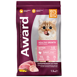 Сухой корм AWARD Healthy growth для котят от 1 месяца, беременных и кормящих кошек с индейкой и курицей с добавлением рыбьего жира и семян льна 1,5кг Сухой корм AWARD Healthy growth для котят от 1 месяца, беременных и кормящих кошек с индейкой и курицей с добавлением рыбьего жира и семян льна 1,5кг