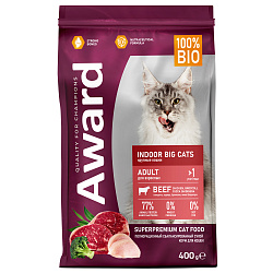Сухой корм AWARD Indoor Big cats для взрослых домашних кошек крупных пород с говядиной и курицей с добавлением брокколи и юкки Шидигера 400г Сухой корм AWARD Indoor Big cats для взрослых домашних кошек крупных пород с говядиной и курицей с добавлением брокколи и юкки Шидигера 400г