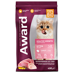 Сухой корм AWARD Healthy growth для котят от 1 месяца, беременных и кормящих кошек с индейкой и курицей с добавлением рыбьего жира и семян льна 400г Сухой корм AWARD Healthy growth для котят от 1 месяца, беременных и кормящих кошек с индейкой и курицей с добавлением рыбьего жира и семян льна 400г
