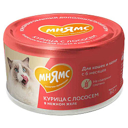 Влажный дополнительный корм Мнямс На каждый день для кошек и котят старше 6 месяцев "курица с лососем в нежном желе" 80 г Влажный дополнительный корм Мнямс На каждый день для кошек и котят старше 6 месяцев "курица с лососем в нежном желе" 80 г