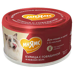 Влажный дополнительный корм Мнямс На каждый день для кошек и котят старше 6 месяцев "курица с говядиной в нежном желе" 80 г Влажный дополнительный корм Мнямс На каждый день для кошек и котят старше 6 месяцев "курица с говядиной в нежном желе" 80 г