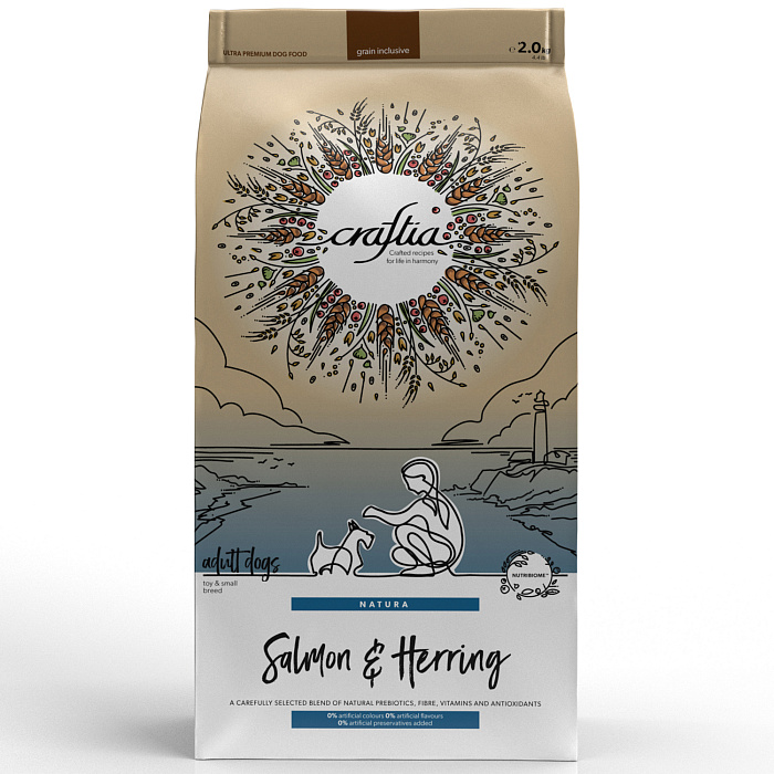 Сухой корм CRAFTIA NATURA для взрослых собак миниатюрных и мелких пород из лосося с сельдью 2 кг