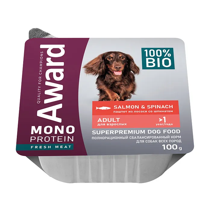 Влажный корм AWARD Monoprotein для взрослых собак паштет из лосося со шпинатом 100г