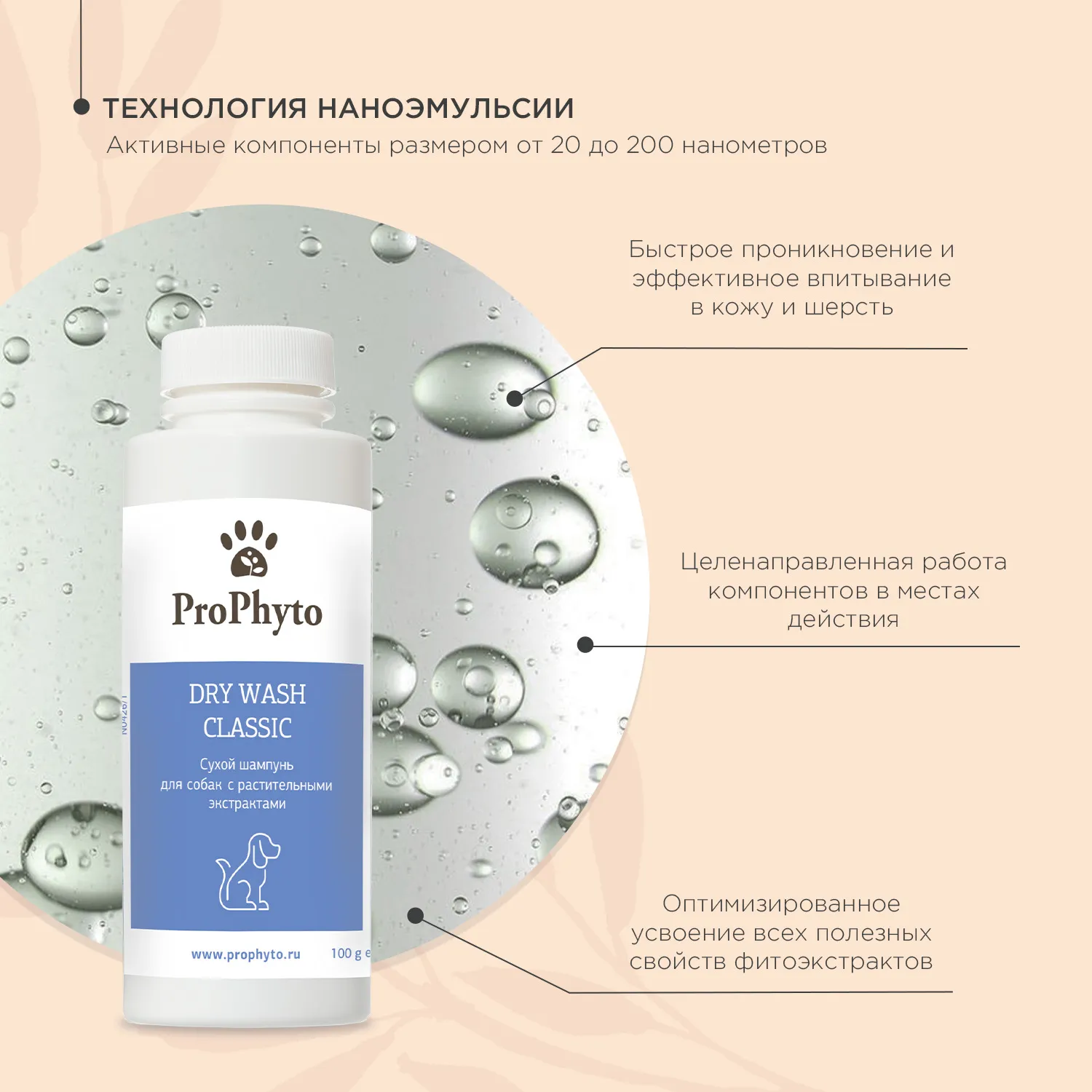 Сухой шампунь ProPhyto DRY WASH CLASSIC (порошок)  для блеска и мягкости шерсти собак, 100 г