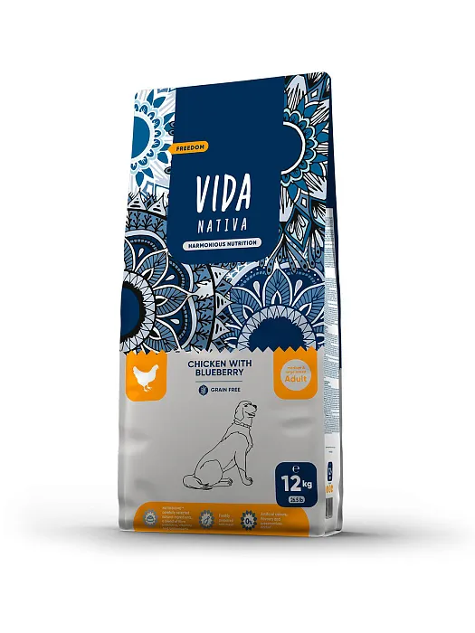 Сухой корм VIDA NATIVA для взрослых собак средних и крупных пород из курицы с черникой 12 кг