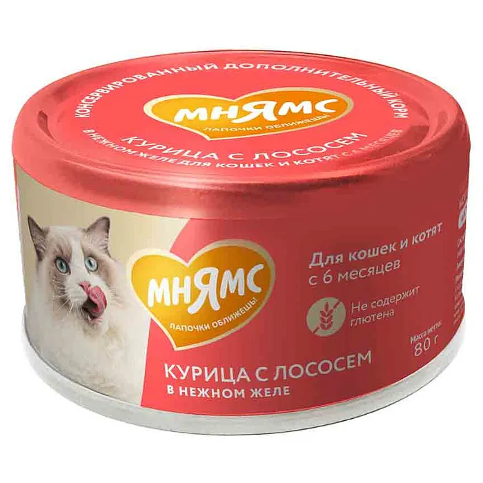 Влажный дополнительный корм Мнямс На каждый день для кошек и котят старше 6 месяцев "курица с лососем в нежном желе" 80 г