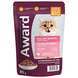 Влажный корм AWARD Healthy growth для котят от 1 месяца кусочки в соусе с индейкой 85г Влажный корм AWARD Healthy growth для котят от 1 месяца кусочки в соусе с индейкой 85г