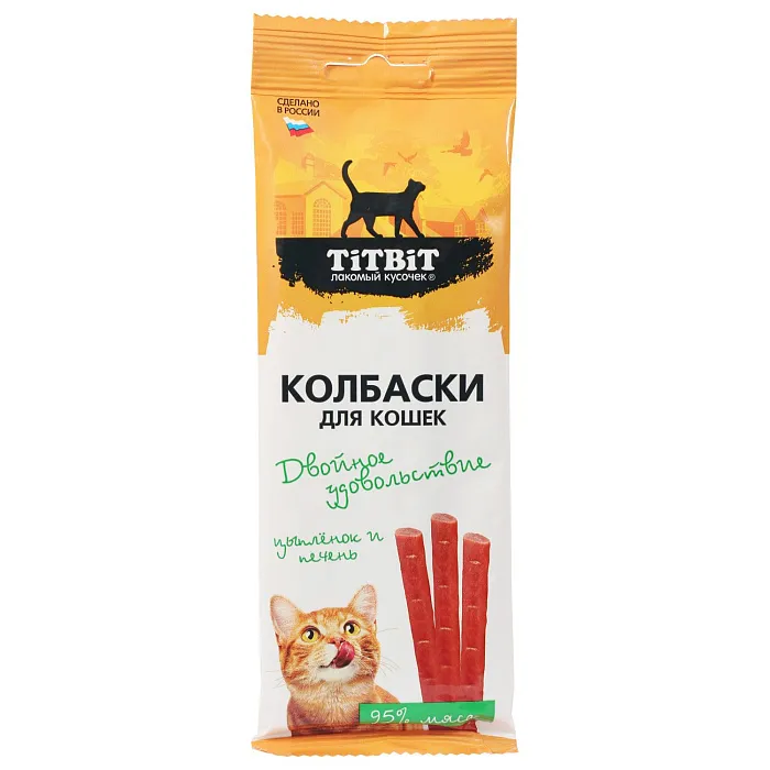Лакомство TiTBiT Колбаски для кошек Двойное удовольствие с цыпленком и печенью 45 г